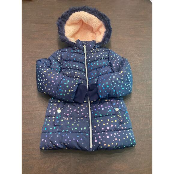 Girls Rainbow Stars Zip Puffer Jacket Removable Faux Fur Hood Thumb Holes Sze 6 - Picture 1 of 7